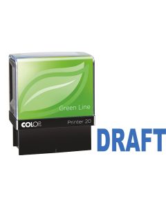 COLOP Printer 20 Green Line self-inking stamp with the word DRAFT stamped in blue next to it