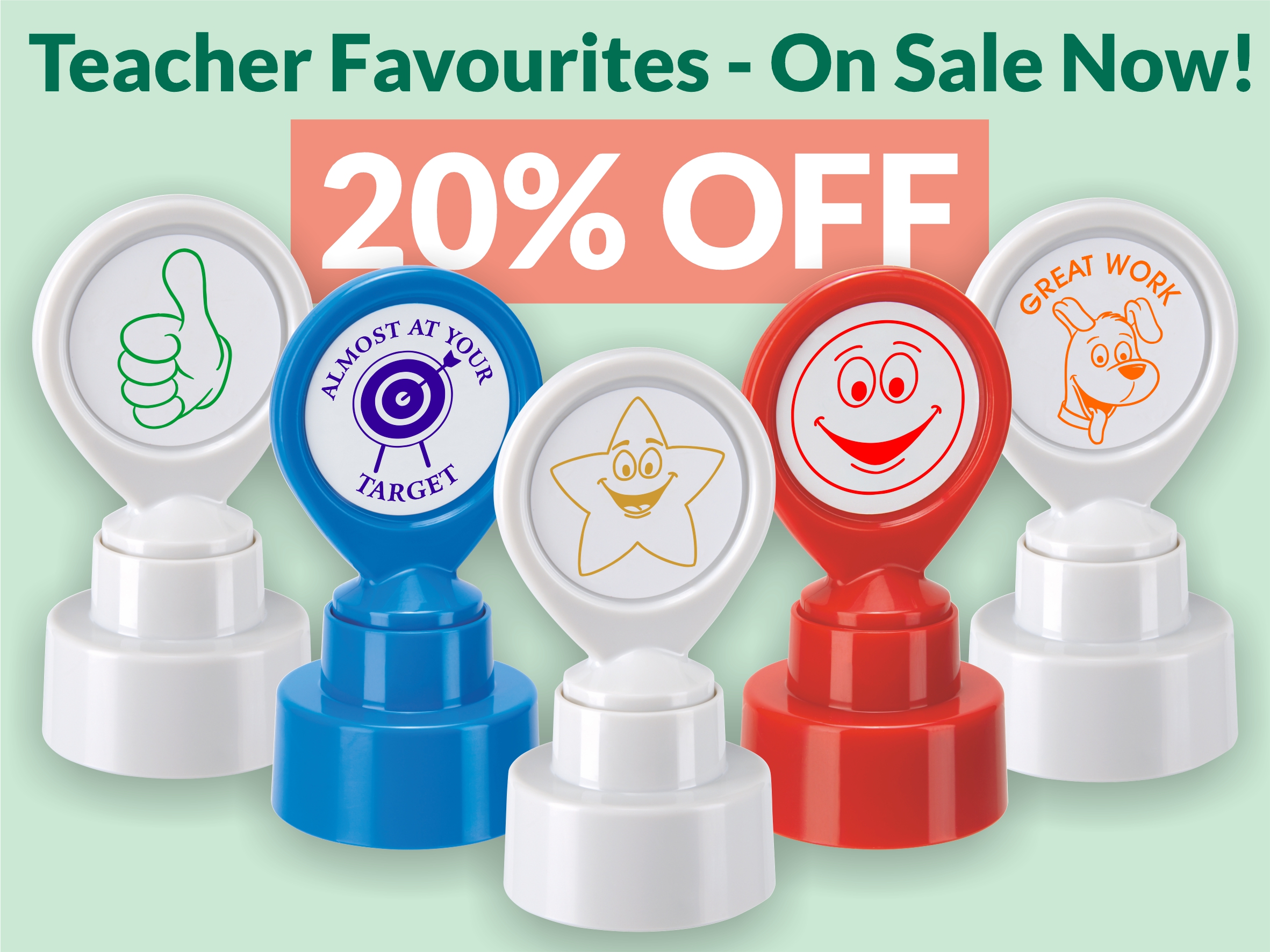 20% off motivational school stampers for teachers, classroom assistants, and parents who home educate