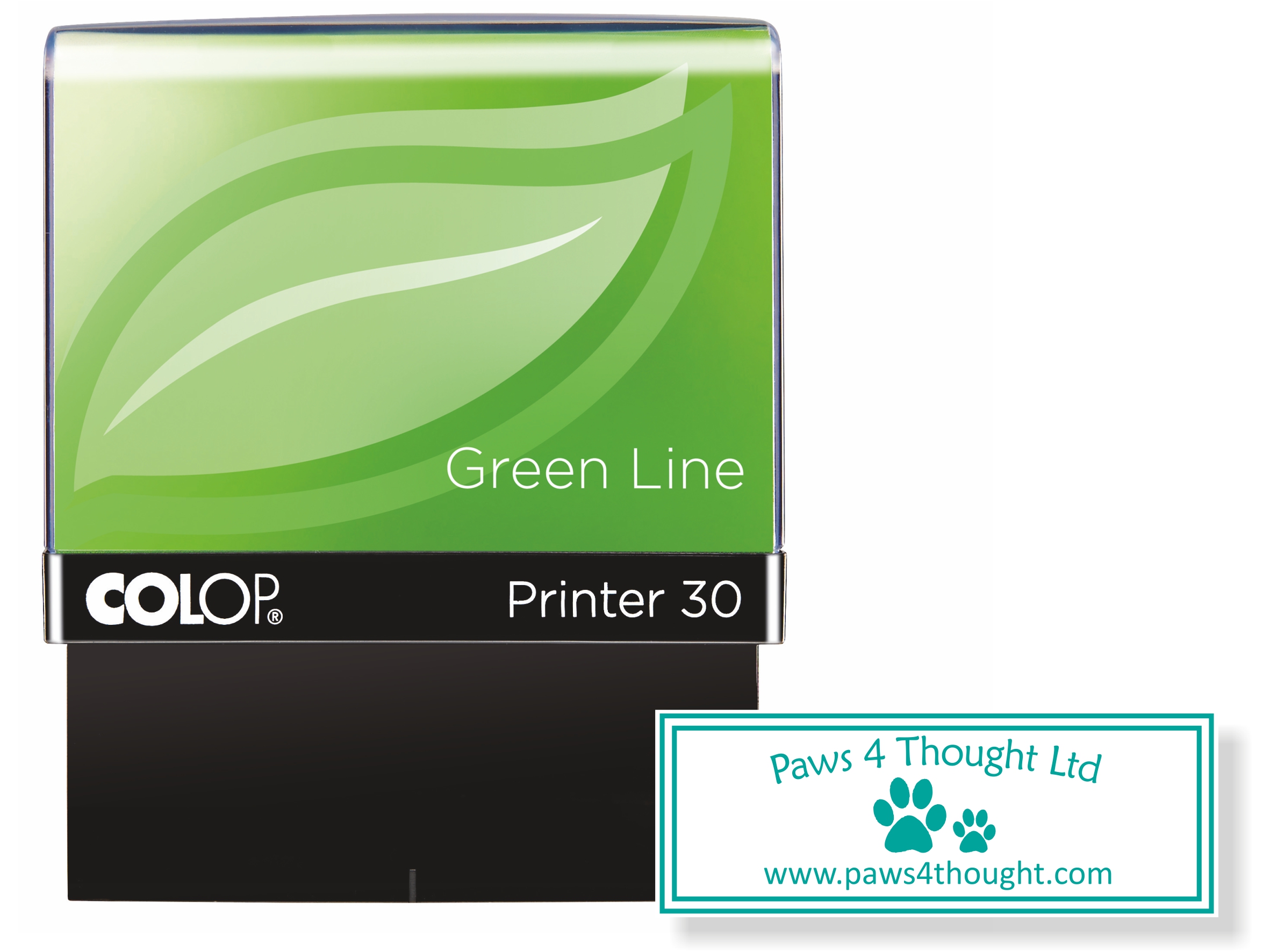 COLOP Printer 30 green-line eco-friendly custom stamp showing a sample of a personalised impression