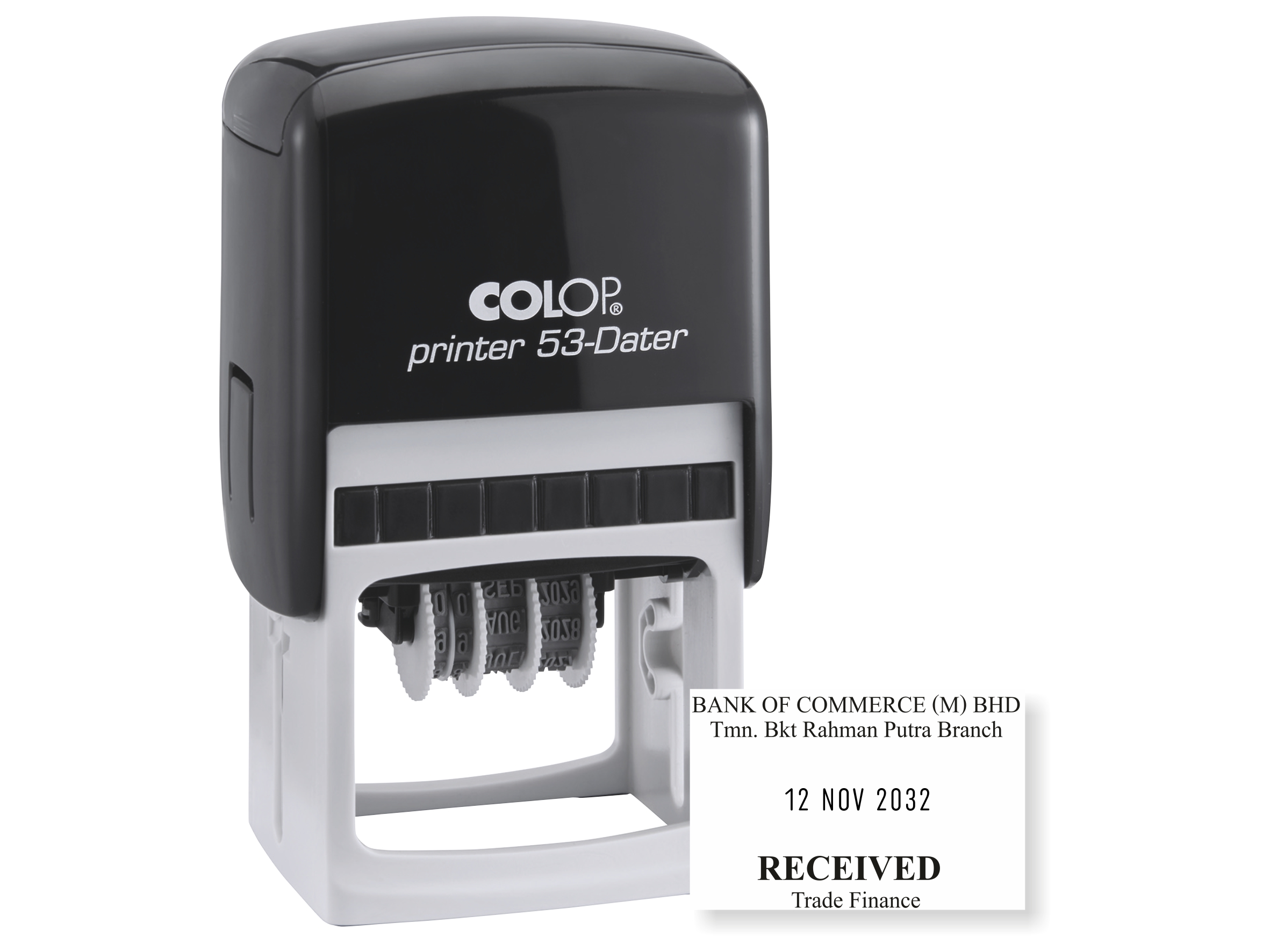 COLOP Printer 53 custom date stamp with sample personalised impression
