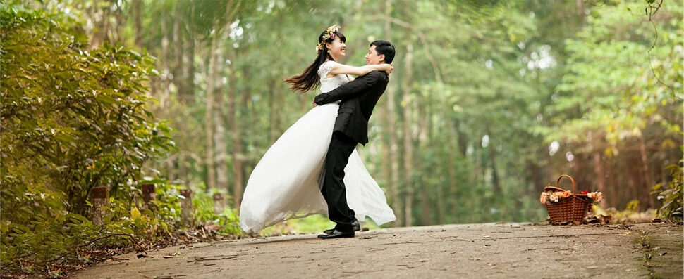 Bride and groom in a forest