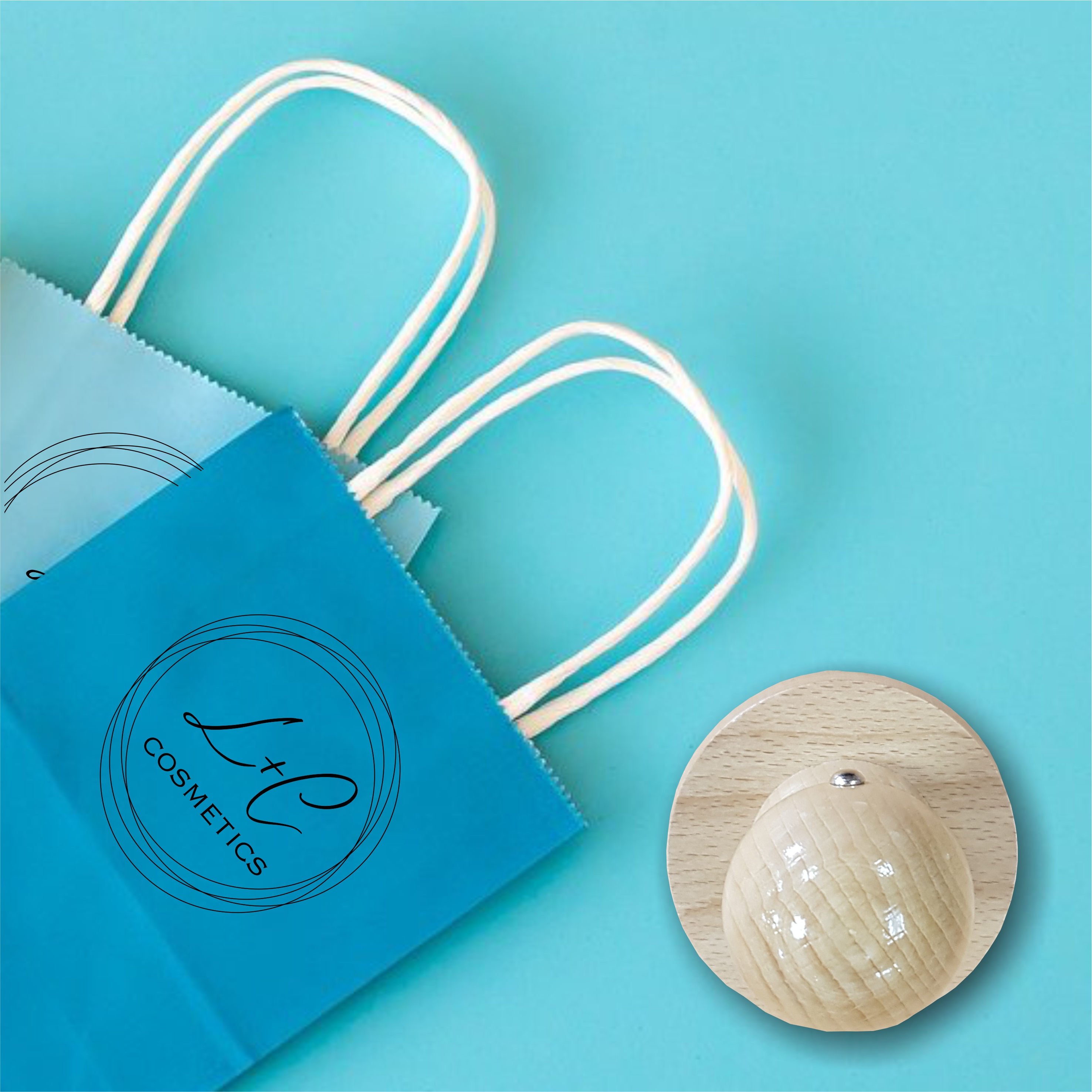 Wooden rubber stamp used to print logo onto paper bags