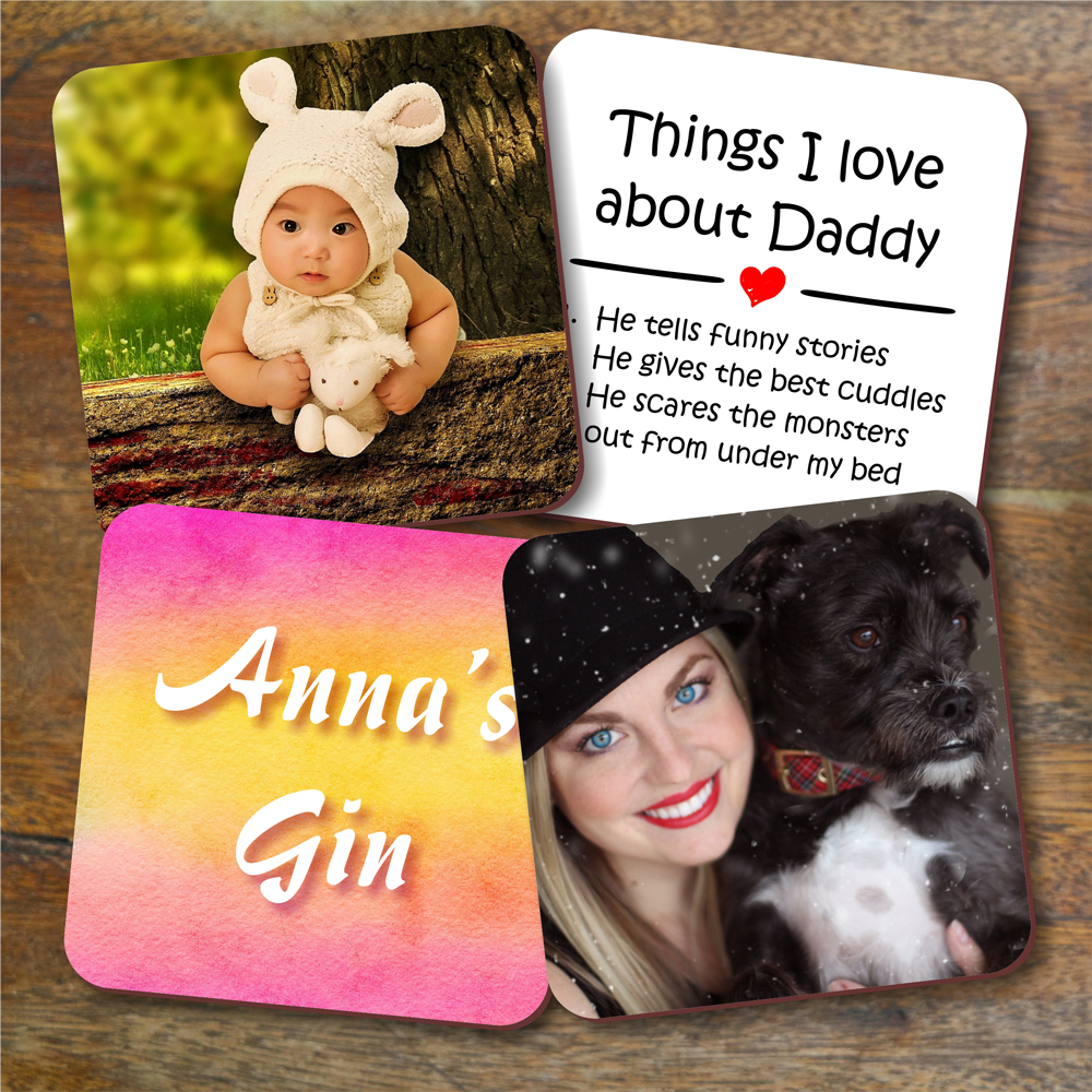 Personalised mug coasters with photos and text