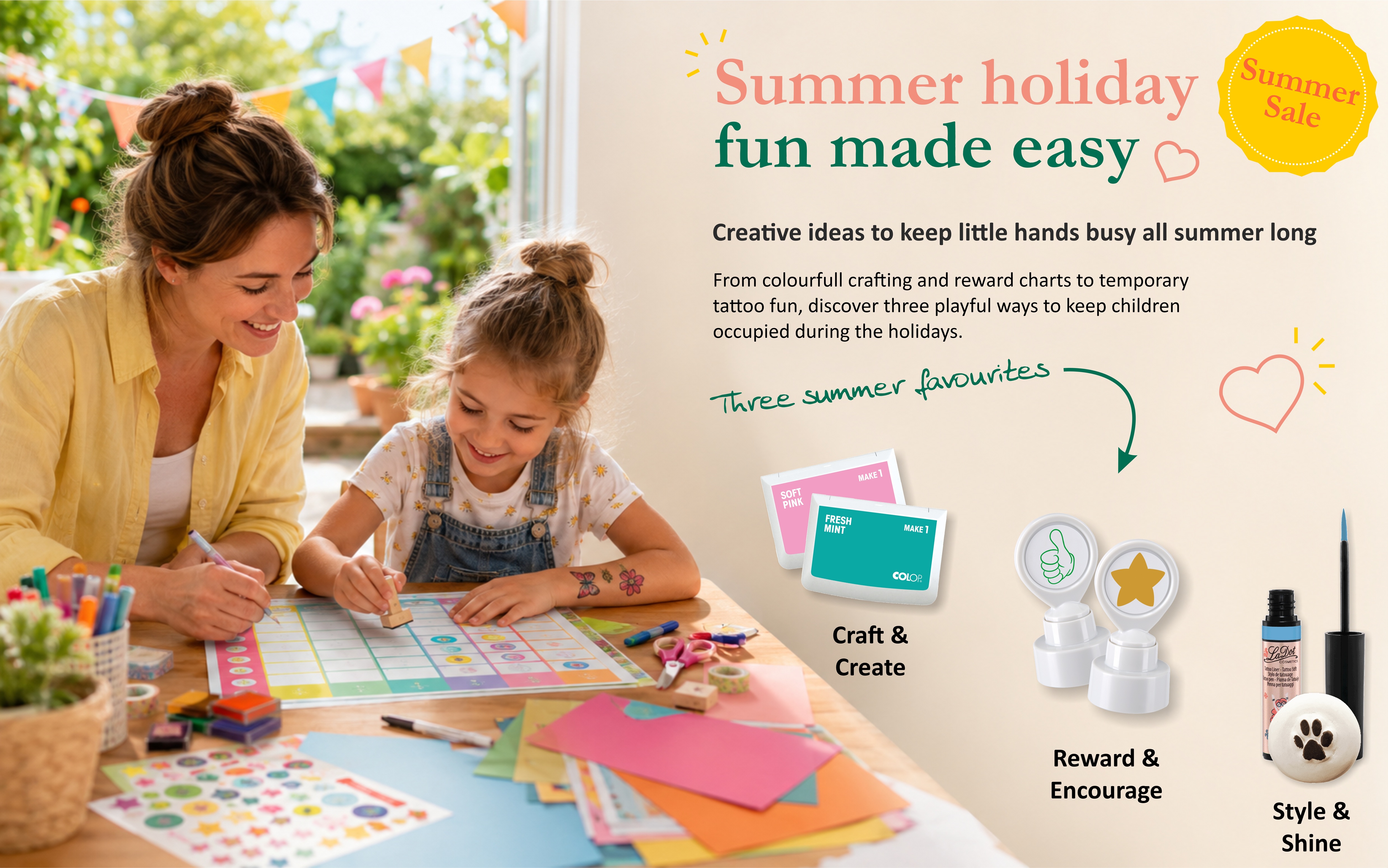 Summer fun - child sitting with mother crafting with stamps and ink pads