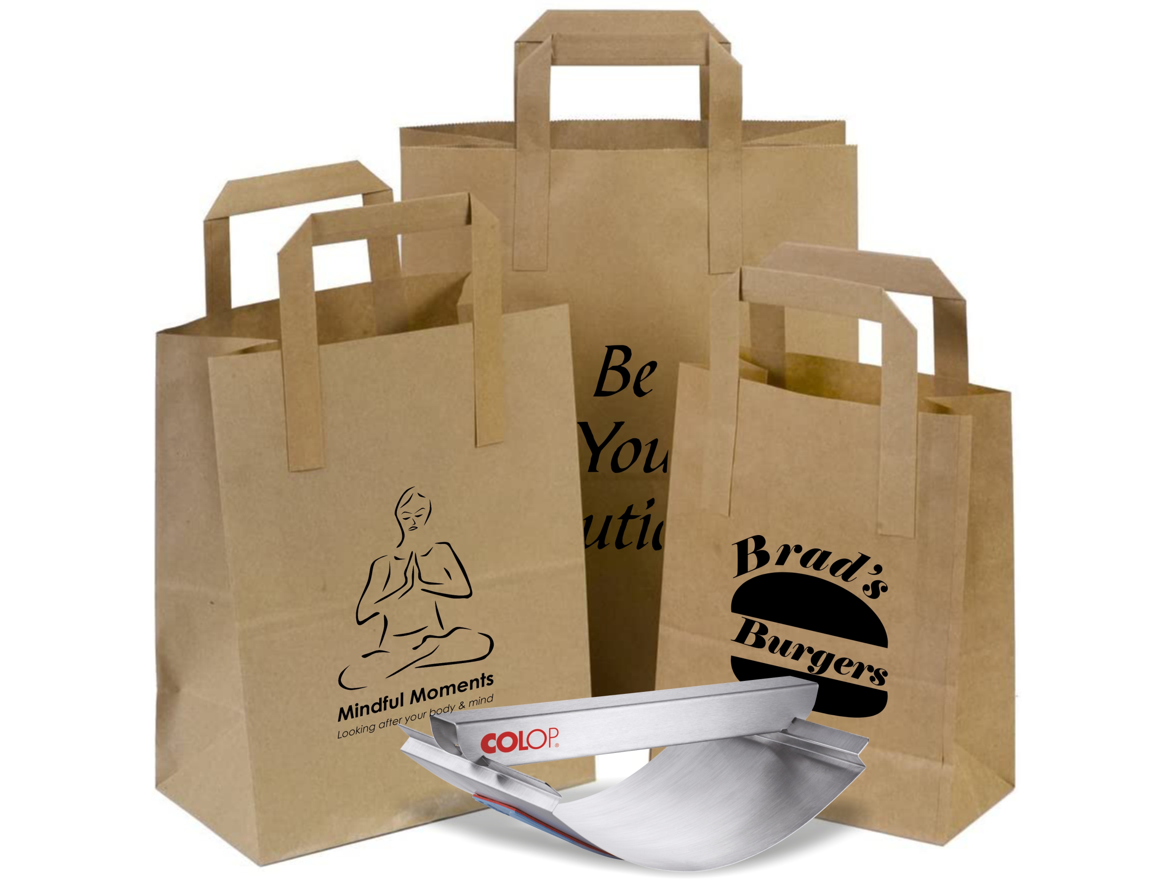 XL custom stamp used to print onto paper bags
