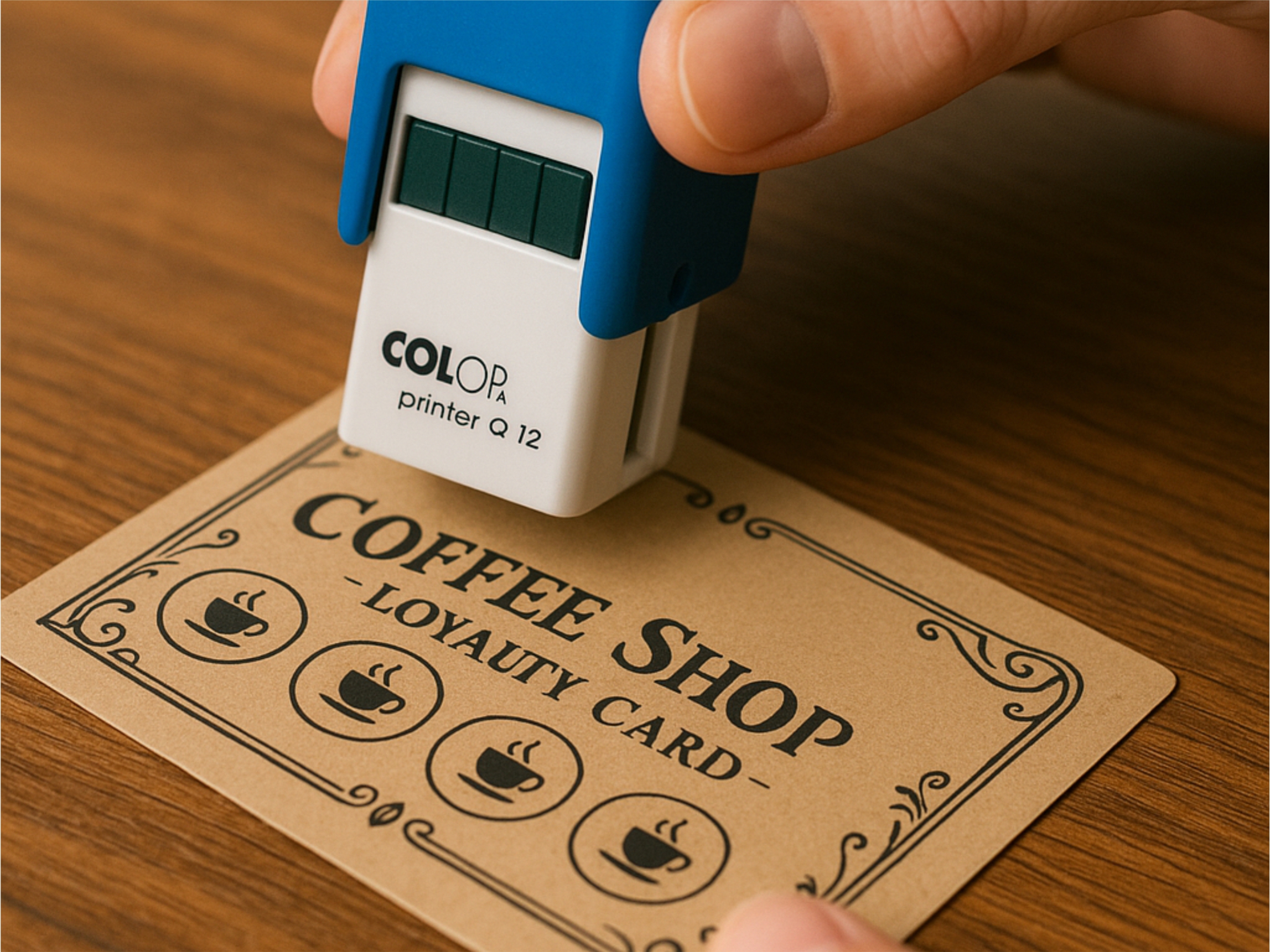 Small custom rubber stamp stamping onto a coffee shop loyalty card