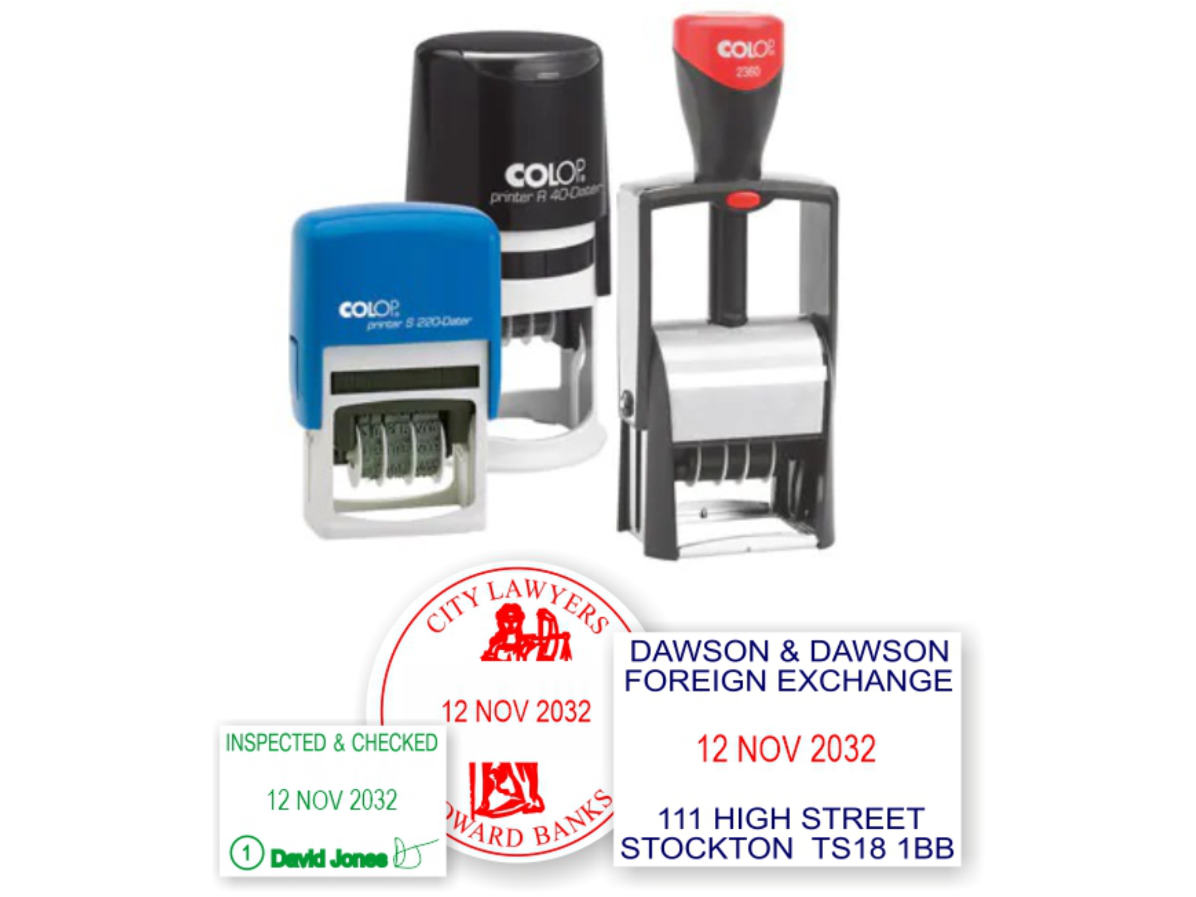 Custom self-inking date stamps with text, logos, and business details